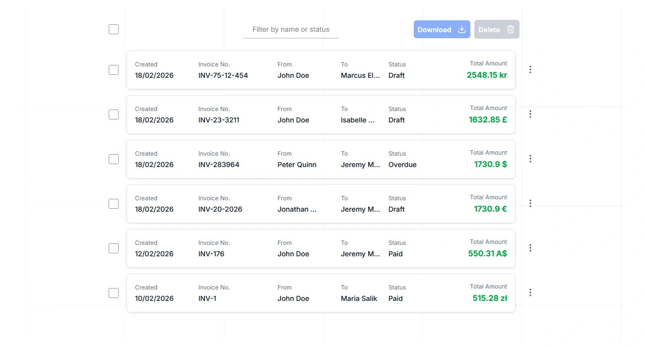 Invoice history view showing saved invoices