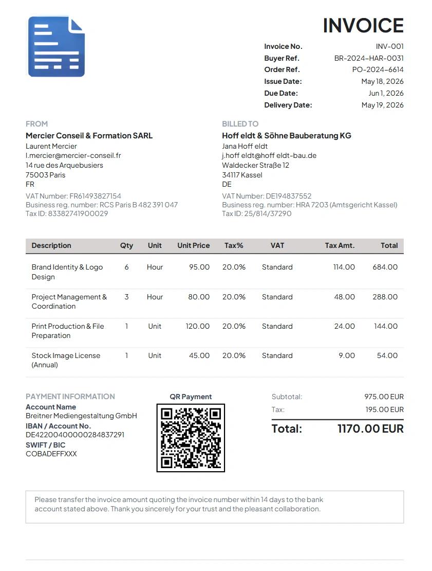 Professional Factur-X / ZUGFeRD e-invoice with SEPA QR code